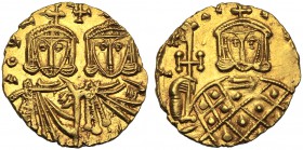 Constantinus V with Leon IV (741-775), Solidus, Syracuse, AD 751-775 AV (g 3,9 mm 20 h 6) (Fragmentary legend), facing crowned bust of Constantinus V,...