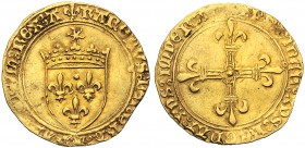 France, Charles VIII (1483-1498), écu d'or au soleil, Second Emission, Angers AV (g 3,35 mm 25 h4) lily KAROLVS DEI GRA FRANCORVM REX, coronated coat ...