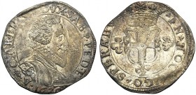 Italy, Savoia, Carlo Emanuele I (1580-1630), 2 Fiorini, Vercelli, 1626 AR (g 6,08 mm 27 h 9) CAR EM D G DVX SAB P PED E C, cuirassed bust r., Rv. IN H...