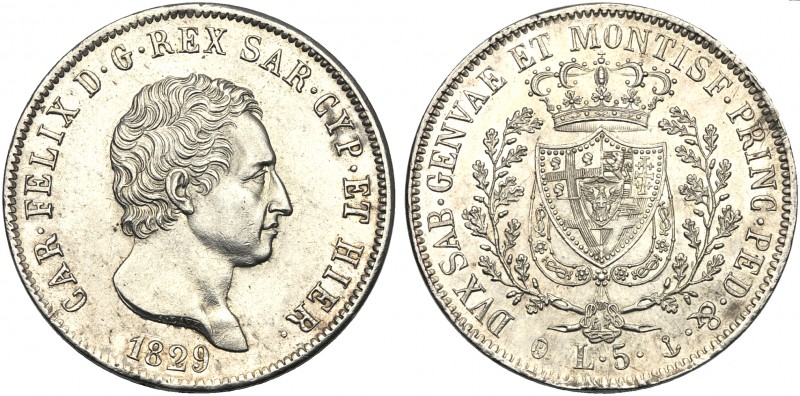 Italy, Savoia, Carlo Felice (1821-1831), 5 Lire, Genova, 1829 AR (g 25,02 mm 37 ...