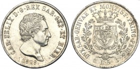 Italy, Savoia, Carlo Felice (1821-1831), 5 Lire, Genova, 1829 AR (g 25,02 mm 37 h 6) MIR 1035n Pagani 76. High conservation, cabinet tone, about fdc.