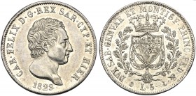 Italy, Savoia, Carlo Felice (1821-1831), 5 Lire, Genova, 1829 AR (g 25,03 mm 36 h 6) MIR 1035n Pagani 76. High conservation, cabinet tone, about fdc.