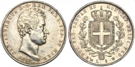 Italy, Savoia, Carlo Alberto (1831-1849), 5 Lire, Genova, 1835 AR (g 24,90 mm 37 h 6) MIR 1047l Pagani 237. Cabinet tone, about extremely fine.