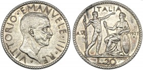 Italy, Savoia, Vittorio Emanuele III (1900-1943), 20 Lire, Roma, 1927 AR (g 14,96 mm 35 h 6) Pagani 672 MIR 1128 b. Cabinet tone, good extremely fine.