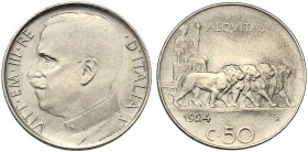Italy, Savoia, Vittorio Emanuele III (1900-1943), 50 Centesimi (Liscio), Roma, 1924 NI (g 6,06 mm 24 h 6) Pagani 804 MIR 1150g. Very rare, cabinet ton...