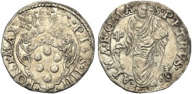 Italy, Stato Pontificio, Pio IV (1559-1565), Giulio, Roma, 1559-1565 AR (g 3,11 mm 26 h 6) PIVS IIII PONT MAX, coat surmounted by decussed keys and th...