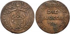 Italy, Stato Pontificio, Pio VI (1775-1799), 2 Baiocchi, Perugia, 1799 (A XXI) CU (g 17,60 mm 35 h 12) PIVS SEXTVS PON M A XXI, coat surmounted by dec...