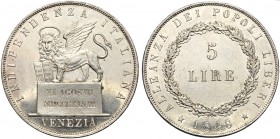 Italy, Venezia, Governo Provvisorio (1848-1849), 5 Lire (II tipo), 1848 AR (g 25,02 mm 37 h 6) Montenegro 88 Pagani 177. Rare, lustrous, fdc.