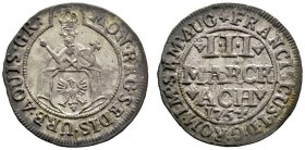 Aachen
3 Mark 1754. Mit Titulatur Kaiser Franz I. Menadier 262. 2,16 g
feine Patina, vorzüglich
Erworben bei Peus 1964.