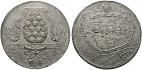 Augsburg
Zinnmedaille 1632 von D. Sailer, auf die Besitznahme der Stadt durch schwedische Truppen unter Oberst Oxenstierna. Auf einem verzierten Post...