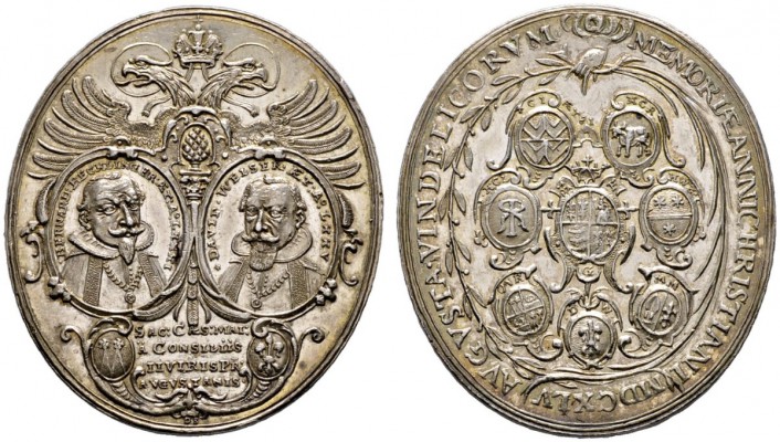 Augsburg
Hochovale, silberne Ratsmedaille 1645 von D. Stadler. Zwei ovale Medai...