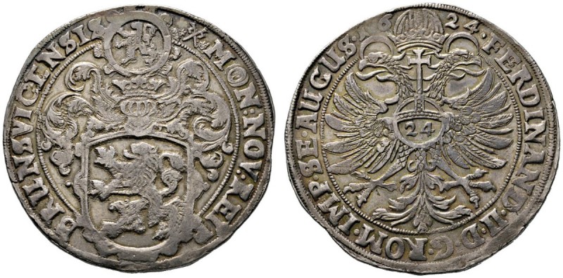 Braunschweig
Taler 1624. Behelmter Schild mit dem Braunschweiger Löwen, darüber...