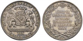 Bremen
Taler 1865 B. Zweites Deutsches Bundesschießen. AKS 16, J. 27, Thun 126, Kahnt 163.
Prachtexemplar mit feiner Patina, fast Stempelglanz