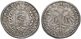 Chur
Taler 1633. Stadtwappen in reich verzierter Kartusche / Gekrönter Doppeladler sowie Titulatur Kaiser Ferdinand II. DT 1520a, HMZ 2-485e, Dav. 46...