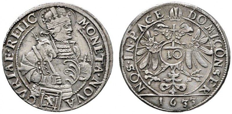 Chur
10 Kreuzer 1629. Gekröntes Hüftbild des hl. Luzius mit Zepter und Reichsap...