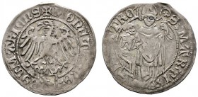 Colmar
Plappart o.J. (nach 1480). Links blickender Adler, darunter Stadtschild / Hl. Martin mit langem Krumm­stab von vorn stehend, links ein ihm zug...