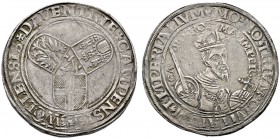 Deventer, Kampen und Zwolle
Taler o.J. (1546). Drei Wappenschilde in Kleeblattstellung / Gekröntes Brustbild Kaiser Karl V. mit geschultertem Schwert...