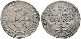 Einbeck
Taler 1575 (aus 1573). Auf einem Kreuz aufgelegtes, gekröntes gotisches "E" / Gekrönter Doppeladler, auf der Brust der Reichsapfel mit Wertza...