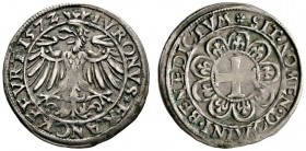 Frankfurt/Main
Turnose 1572. Gekrönter, nach links blickender Frankfurter Adler / Kreuz im Ring, darum neun Bogen, je eine Lilie einschließend. J.u.F...