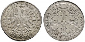 Frankfurt/Main
Gulden zu 60 Kreuzer 1675. Der gekrönte, nach links blickende Frankfurter Adler, zu den Seiten die Initialen M-F des Münzmeisters Mich...