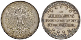 Frankfurt/Main
Gedenktaler 1859. Schillers Geburtstag. J.u.F. 1277, AKS 43, J. 50, Thun 139, Kahnt 167. 18,51 g
feine Patina, minimale Kratzer, vorz...
