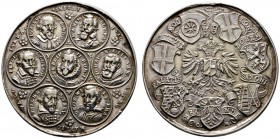 Frankfurt/Main
Silbermedaille o.J. (nach 1623) von Chr. Maler, auf die Kaiserwahl Ferdinands II. zu Frankfurt/M. Sieben Medaillons mit den Brustbilde...