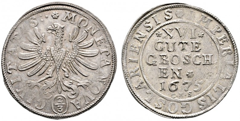 Goslar
Gulden zu 2/3 Taler (=16 Gute Groschen) 1675. Nach links blickender Stad...