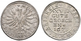 Goslar
Gulden zu 2/3 Taler (=16 Gute Groschen) 1675. Nach links blickender Stadtadler, darunter Wertangabe / Wertangabe und Jahreszahl sowie die Init...