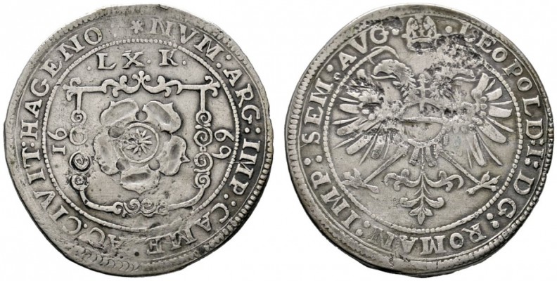 Hagenau
Gulden zu 60 Kreuzer 1669. Verzierter Stadtschild zwischen der geteilte...