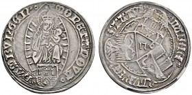 Hamburg
Mark (Prägung des Wendischen Münzvereins) 1506. Madonna mit Kind in Mandorla über dem Stadt­wappen / In einem Bogenkranz die Wappenschilde vo...
