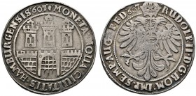 Hamburg
Taler 1607. Stadtburg / Gekrönter Doppeladler, auf der Brust der Reichsapfel mit Wertzahl 32 (Schil­ling) sowie Titulatur Kaiser Rudolph II. ...