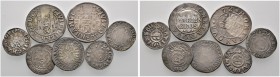 Hameln
Lot (7 Stücke): 6 Mariengroschen 1669 und 1672, Mariengroschen 1548 sowie Groschen 1575, 1577 und 2x 1614 (leichte Varianten).
schön-sehr sch...