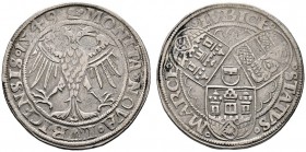 Lübeck
Mark (Prägung des Wendischen Münzvereins) 1549. Doppelköpfiger Adler / In einem Bogenkranz die Wappenschilde von Hamburg, Lüneburg und Wismar ...