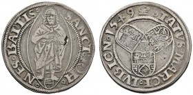 Lübeck
1/2 Mark (Prägung des Wendischen Münzvereins) 1549. Von vorn stehender Hl. Johannes in Mandorla, zu seinen Füßen kleiner Stadtschild / Die Wap...