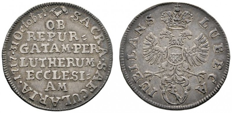 Lübeck
Silberabschlag von den Dukatenstempeln zu 1/8 Taler 1717. Auf das Reform...
