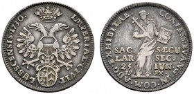 Lübeck
Silberabschlag von den Dukatenstempeln zu 1/8 Taler 1730. Auf das Konfessionsjubiläum. Gekrönter Doppeladler mit Stadtschild auf der Brust / R...