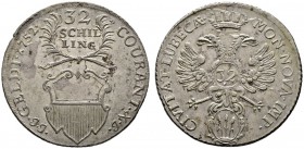 Lübeck
32 Schilling 1752. Gekrönter Doppeladler mit Wertzahl auf der Brust / Wertangabe auf gekreuzten Zweigen, darunter Stadtschild. Mit schrägem Ke...