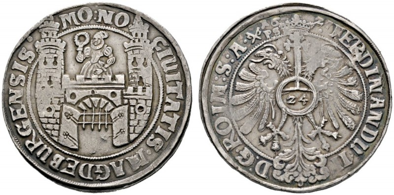 Magdeburg
Taler 1627. Stadttor, darauf Jungfrau mit Kranz in der erhobenen Rech...
