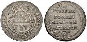 Magdeburg
Gulden zu 2/3 Taler 1676. Verzierter Stadtschild, oben eine Maske / Vier Zeilen Schrift sowie die Initialen C-P des Münzmeisters Christoph ...
