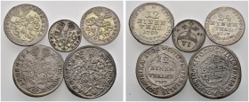 Mühlhausen (Thüringen)
Lot (5 Stücke): 1/12 Taler 1701, 1702 und 1767, Groschen 1767 sowie 6 Pfennig 1737.
sehr schön, sehr schön-vorzüglich