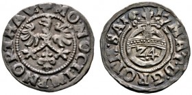 Nordhausen
Groschen 1617. Nach links blickender Stadtadler / Reichsapfel mit Wertzahl sowie Titulatur Kaiser Matthias. Lejeune 11 var. 1,47 g
feine ...