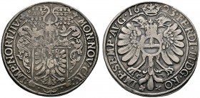Nordhausen
Taler 1623. Behelmtes Stadtwappen mit dem gekrönten, nach links blickenden Stadtadler, oben seitlich des Adlerkopfes die Initialen H-G des...