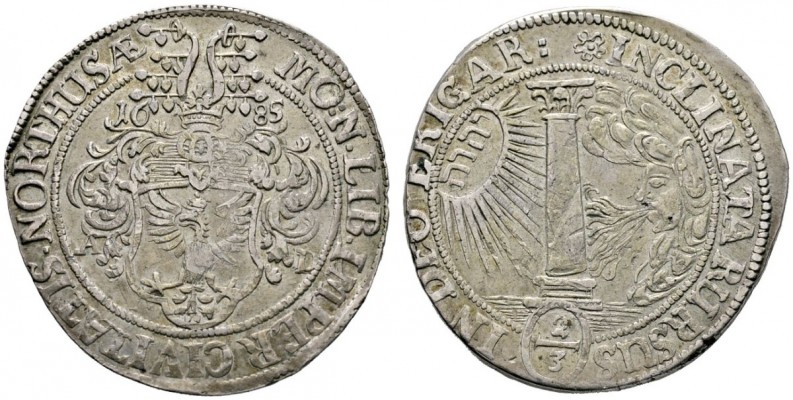 Nordhausen
Gulden zu 2/3 Taler 1685. Behelmter Stadtschild mit reicher Helmzier...