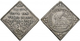 Nürnberg
Silberabschlag der 3-fachen Dukatenklippe 1648. Stempel von G.F. Nürnberger d.Ä., auf den Westfäli­schen Frieden. Stadtwappen auf Lorbeerzwe...
