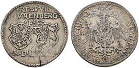 Nürnberg
Reichsguldiner zu 60 Kreuzer 1572. Zwei Stadtwappen über der römischen Jahreszahl / Gekrönter Doppeladler, auf der Brust der Reichsapfel mit...