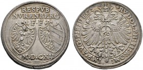 Nürnberg
Reichsguldiner zu 60 Kreuzer 1612. Ähnlich wie vorher, jedoch mit Titulatur Kaiser Rudolf II. Ke. 149, Slg. Erl. 262, Dav. 89. 25,08 g
leic...