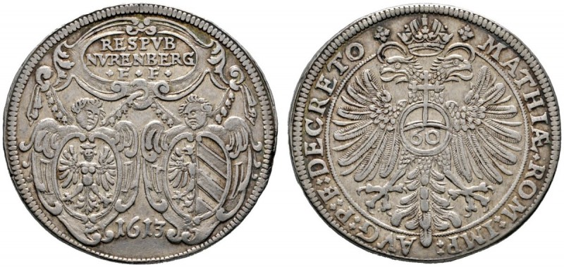 Nürnberg
Reichsguldiner zu 60 Kreuzer 1613. Zwei mit Engeln bedeckte Stadtschil...