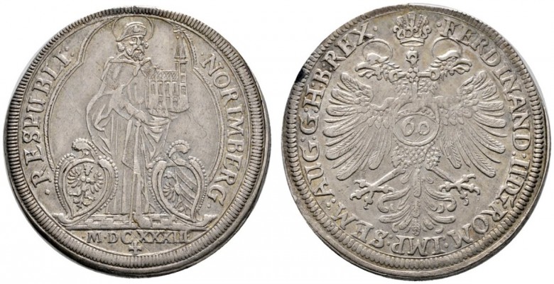 Nürnberg
Reichsguldiner zu 60 Kreuzer 1633. St. Sebaldus mit Kirchenmodell, unt...