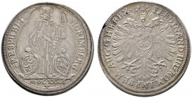 Nürnberg
Reichsguldiner zu 60 Kreuzer 1633. St. Sebaldus mit Kirchenmodell, unten zwei Stadtwappen / Gekrönter Doppeladler, auf der Brust Reichsapfel...