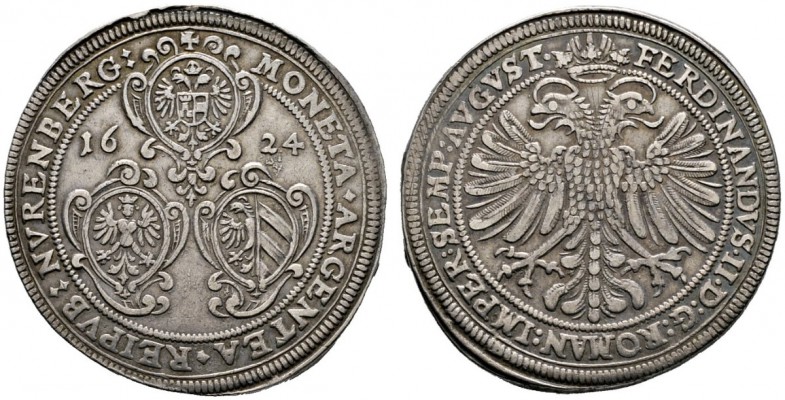 Nürnberg
Taler 1624. Drei Wappenschilde und geteilte Jahreszahl / Gekrönter Dop...